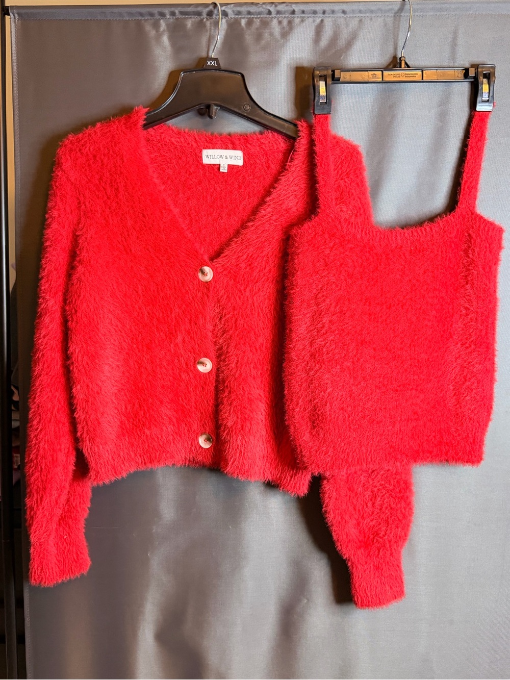Willow & Wind Red Fuzzy Button Cardigan and Tank Set
